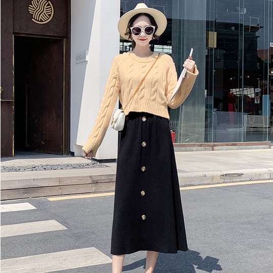 Rok Rajut Korean Style Rok Hitam Panjang Rok Selutut Midi Button Skirt