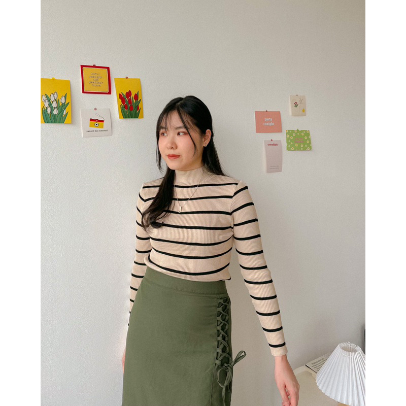 KANON - Yura Basic Knit Sweater - Sweater rajut turtleneck bodycon motif stripe