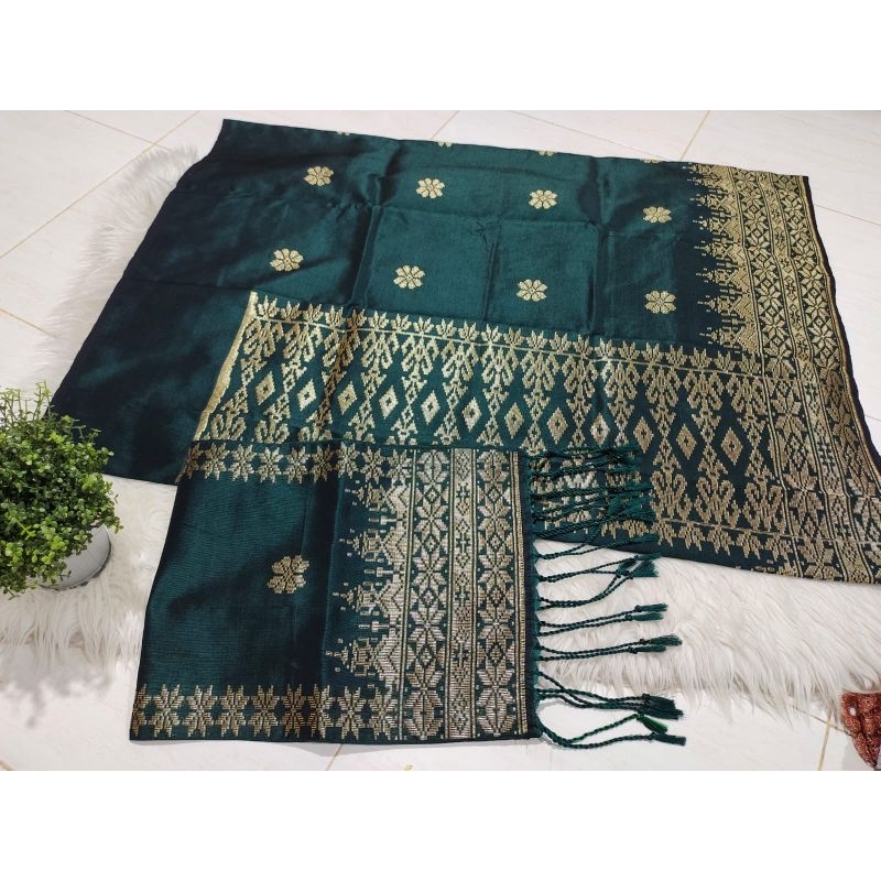 Songket silungkang warna hijau botol gold