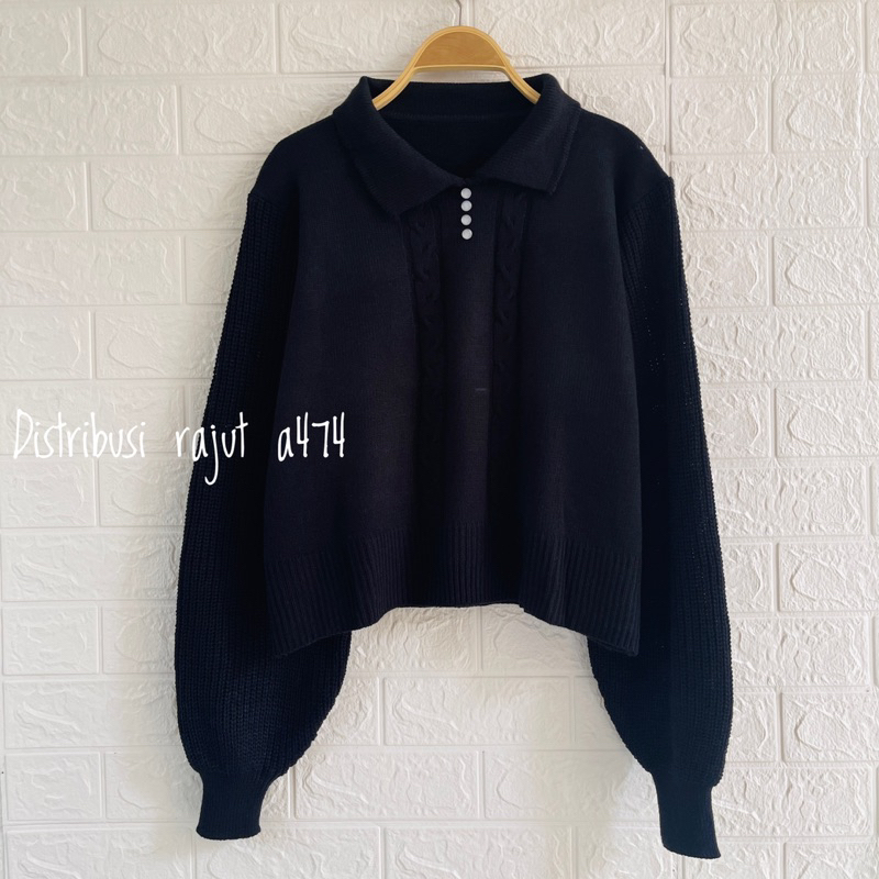 SHELLA POLO SWEATER RAJUT MOTIF GARIS CABLE ATASAN LENGAN PANJANG WANITA OVERSIZE