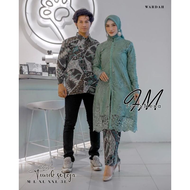 Set Kebaya Payet Saroja Tulle Mutiara Couple Kemeja Batik Pria Lengan Panjang / Sarimbit Couple Keluarga / Kebaya Jumbo Couple