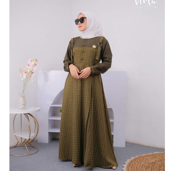 Naura Viola Hijab dress overall look motif gamis kotak kotak keluaran terbaru wanita