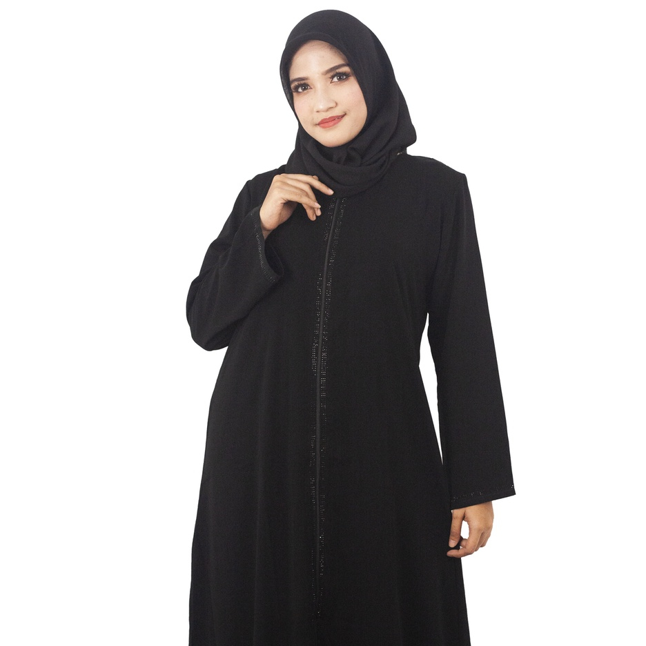 Abaya Busui Gamis Resleting Depan Swaroski Hitam Bahan JetBlack
