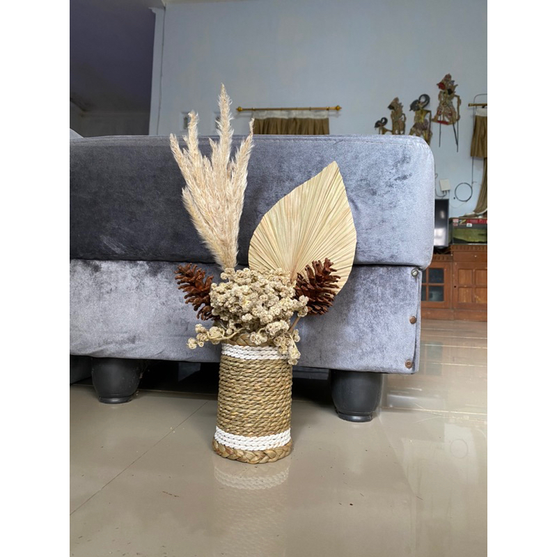 Paket Bunga Kering dan Pot untuk Meja | Dekorasi Rustic | Dekorasi kamar | Dekorasi Rumah | Daun Palem Kering | Bunga Kering Estetik