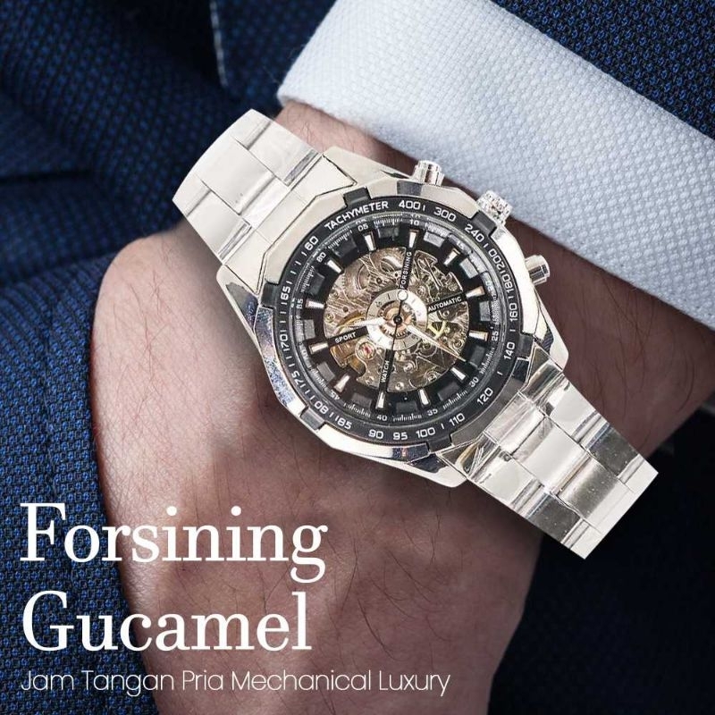 Forsining Gucamel Jam Tangan Pria Mechanical Luxury  G043 Silver Hitam