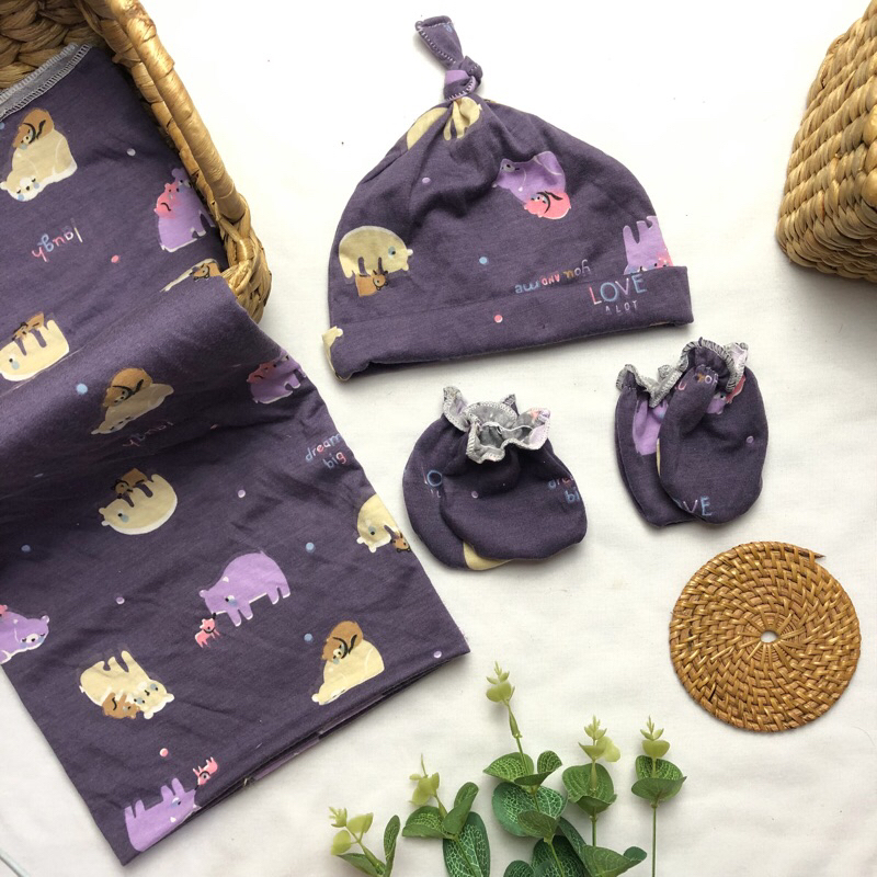 ELFATH - Bedong bayi Swaddle set knothat Bedong set topi Blanket bayi Selimut bayi bedong polos bedo