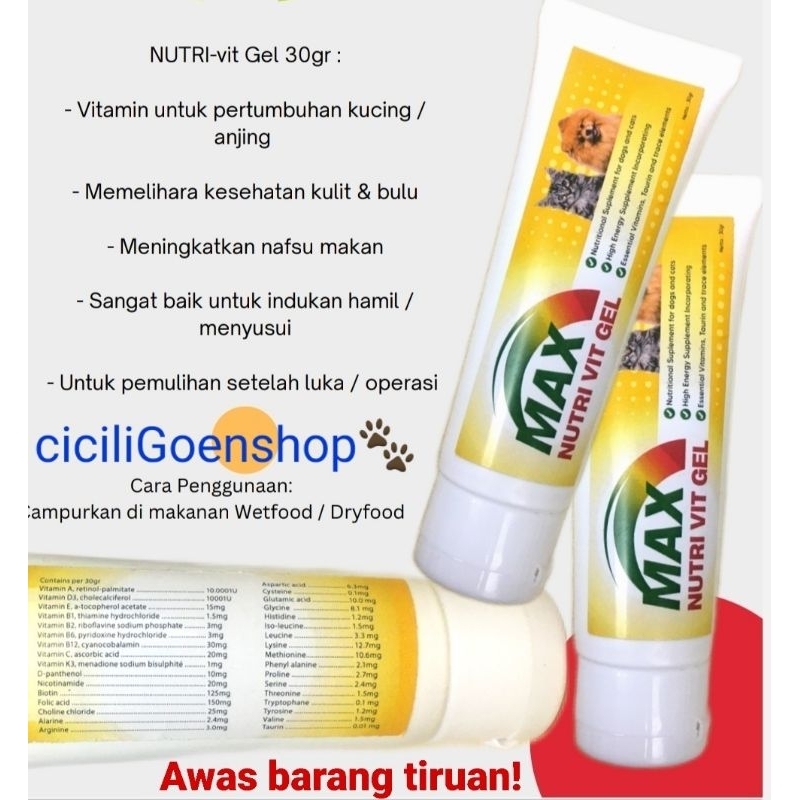 MAX NUTRI VIT GEL 30 gr vitamin kucing anjing suplement gizi kulit bulu napsu makan