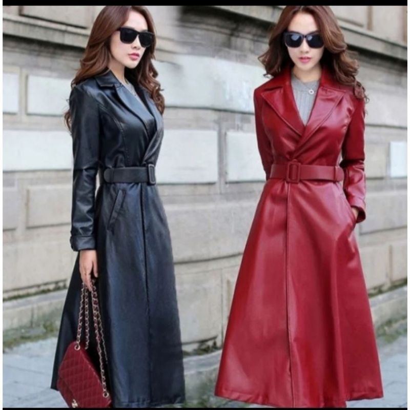 mantel kulit wanita/jaket panjang semi kulit/jaket musim dingin kerah lengan panjang