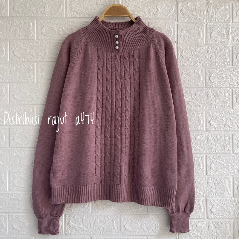 HOZURA SWEATER RAJUT KANCING MUTIARA MOTIF CABLE KERAH TINGGI WANITA OVERSIZE