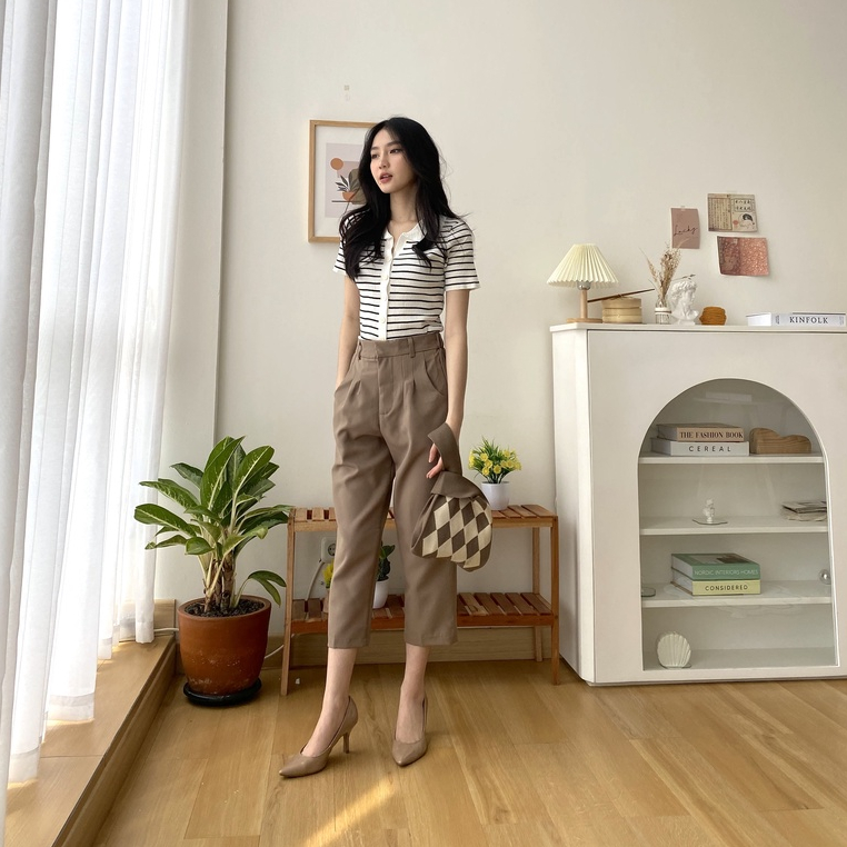 Hyosi High Waist Pants - Celana Basic Wanita Korea - Highwaist Pants - Celana Kantor / Casual - Petite Friendly