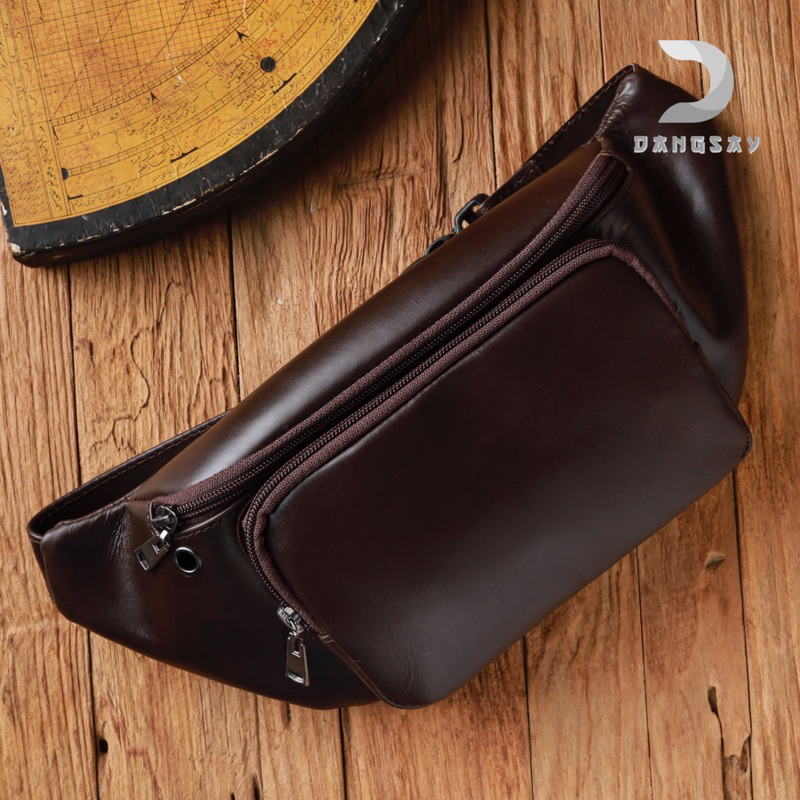 Tas Selempang Waistbag Pinggang Kulit Pria 100% Kulit Sapi Asli Anti Air Anti Panas Murah Simple Pol