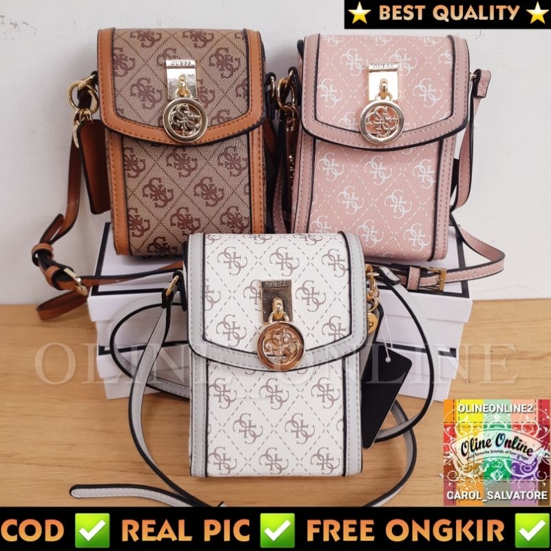 (WODB) tas jensen hp phone holder free box selempang ada tali panjang beige pink, white,brown logo batik ciayumajalengka cirebon indramayu majalangka readystock instan sindanglaut brebes ciledug gs tanjung gb tegal