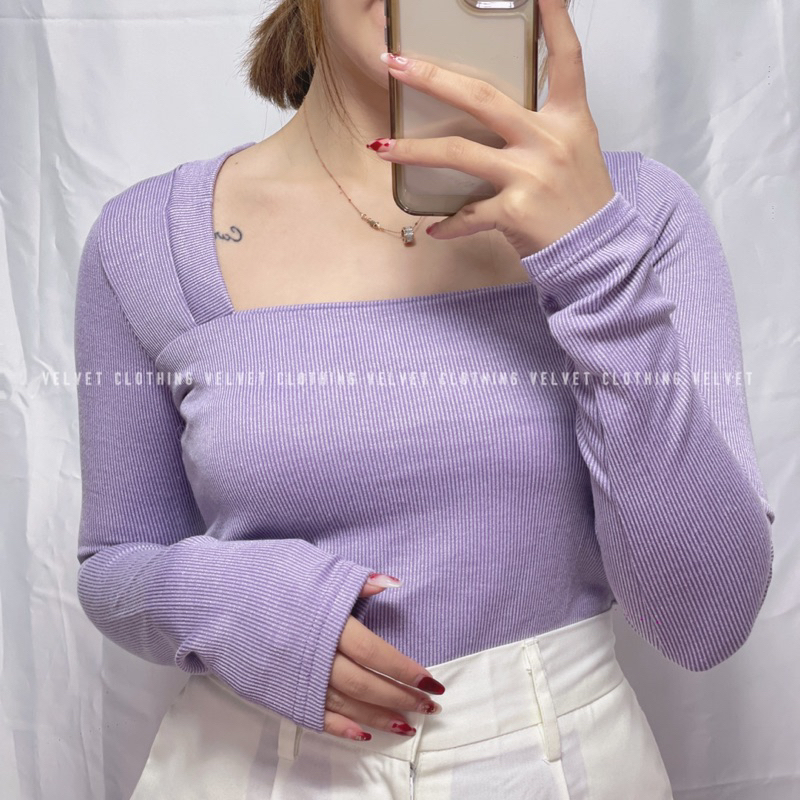 Atasan Square Neck Longsleeve / Atasan Lengan Panjang Knit Premium / Blouse Lengan Panjang Squareneck rib 4065