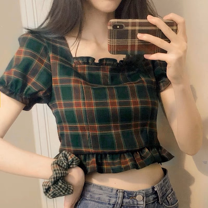 READY - Sena Plaid Top | Baju atasan korea kotak-kotak gingham wanita blus puffy crop top cropped