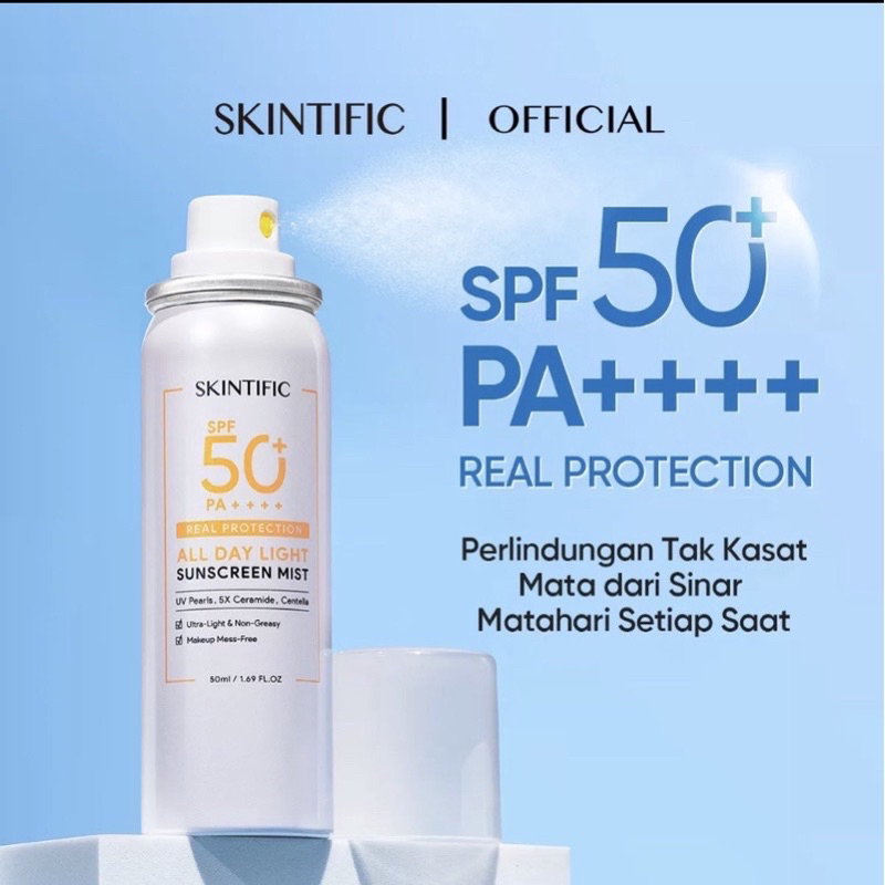 SKINTIFIC All Day Light Sunscreen Mist dengan UV Pearls SPF 50 PA++++