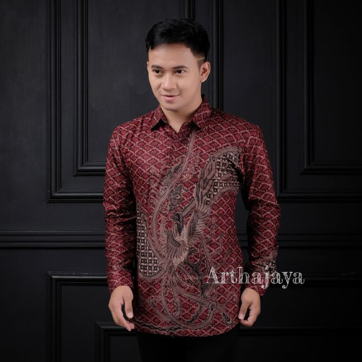 BATIK ARTONESIA KEMEJA BATIK PRIA LENGAN PANJANG SIZE M L XL XXL MOTIF PONIK MARON