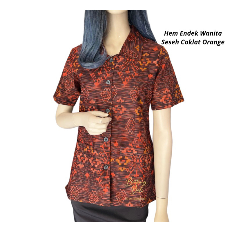 Kemeja Endek Bali Katun Wanita Perempuan Cewek Lengan Pendek Motif Seseh Coklat Orange Big Size Jumb