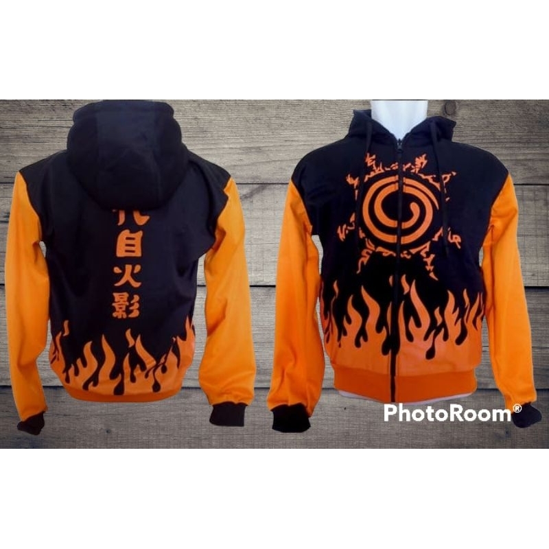 JAKET SWEATER HOODIE ANAK COSPLAY PRIA WANITA ANIME NARUTO HOKAGE KYUBI HITAM ORANGE CASUAL MURAH KE