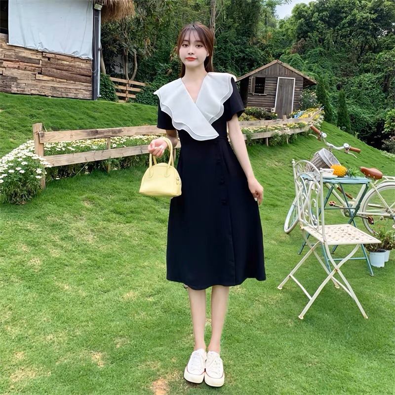 D2-199 Korean vintage dress lengan pendek / Gaun Midi manis bentuk A line