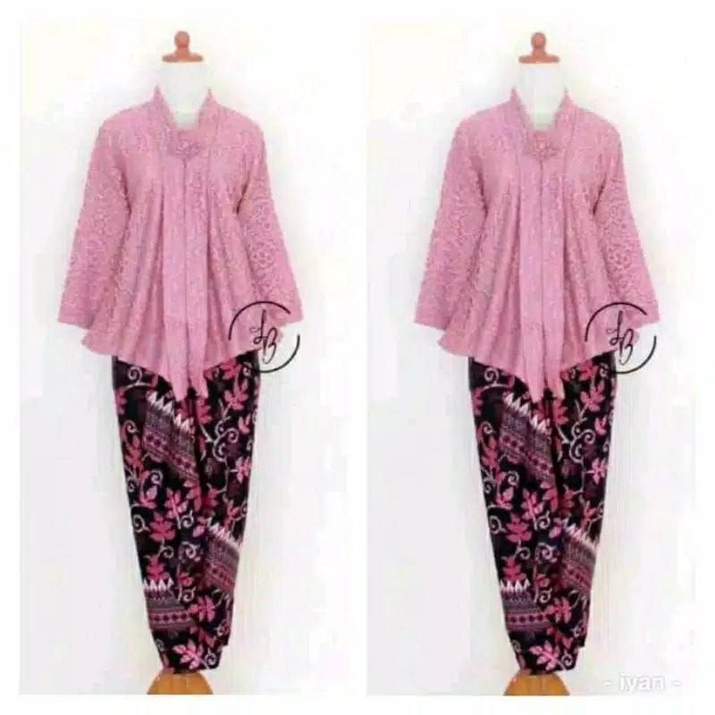 SETELAN KEBAYA BROKAT FLOY + ROK LILIT BATIK PANJANG DEWASA UKURAN JUMBO BAJU KEBAYA WANITA MUSLIM M