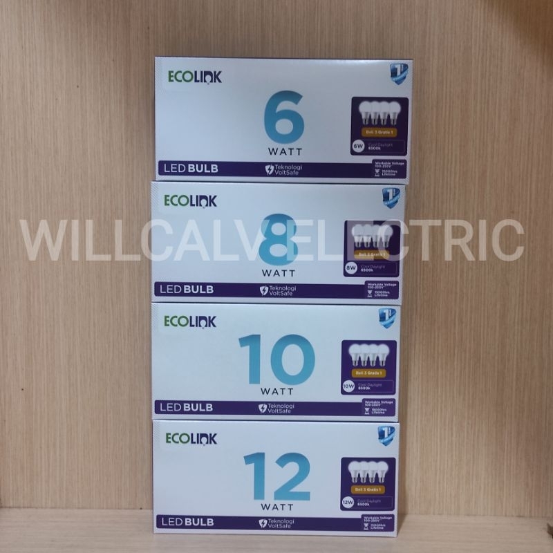 Lampu ECOLINK led bulb Multipack 6W 8W 10W 12W isi 4 ( 3+1) cahaya putih 6500K E27