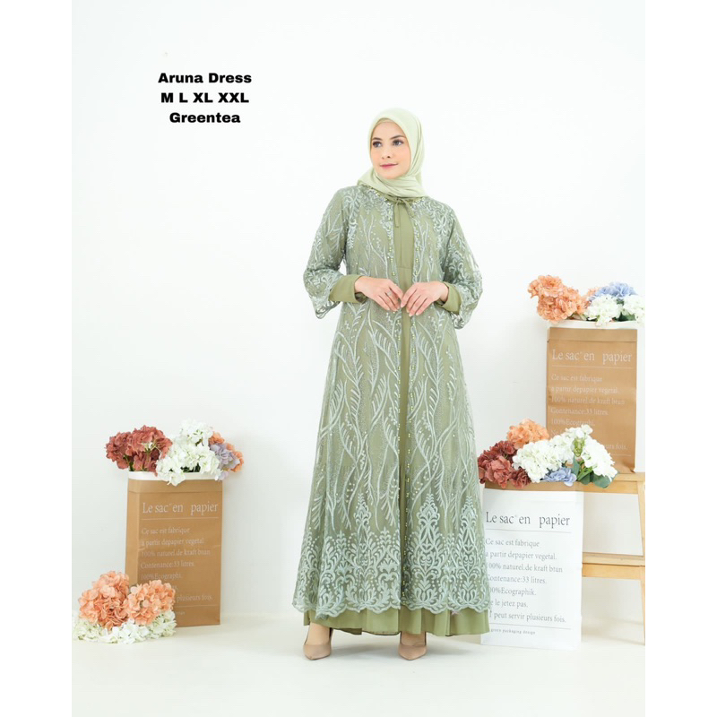Aruna Dress Bahan Tulle Bordir Kombinasi Ceruty Babydoll / Gamis Rompi Original / Dress Outher / Baj