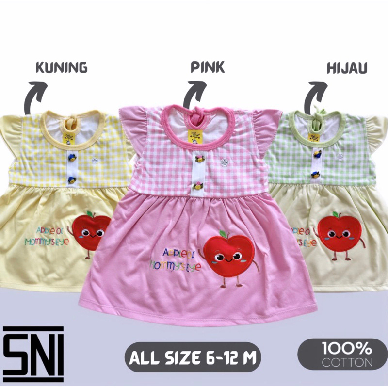 Dress Anak Bayi Print Kotak Bordir Apel All Size 6-12 Bulan Katun