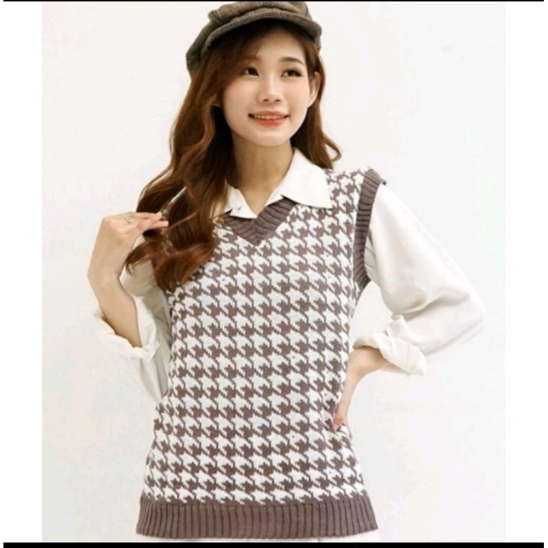 HOUNDSTOOTH V NECK/ROMPI RAJUT WANITA MOTIF