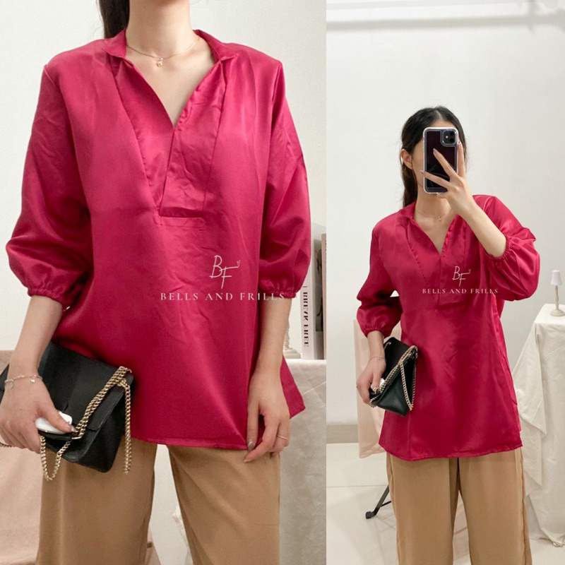 LIANA Blouse Satin V-Neck / Atasan Wanita Basic / Kemeja Basic Kantor 0421