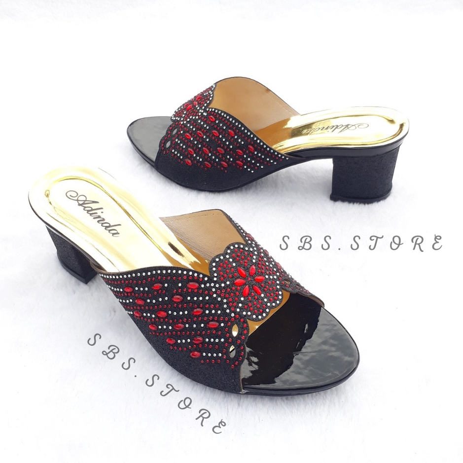 Sandal Wanita High Heels Pesta Mewah Motif Payet 05 Terbaru/Sendal Selop Wedges Hak Tahu 5cm Kekinian/Kondangan Pernikahan Pengantin