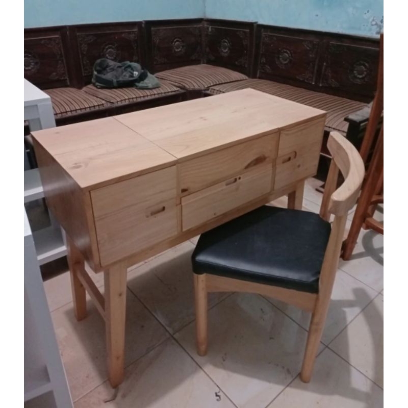 meja rias minimalis / meja belajar + kursi,  2 in 1 bisa untuk meja belajar bahan kayu jati belanda