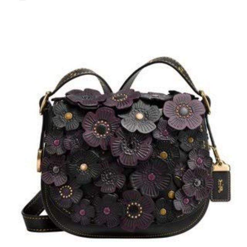 Coach Black Tea Rose Applique Saddle Bag Original