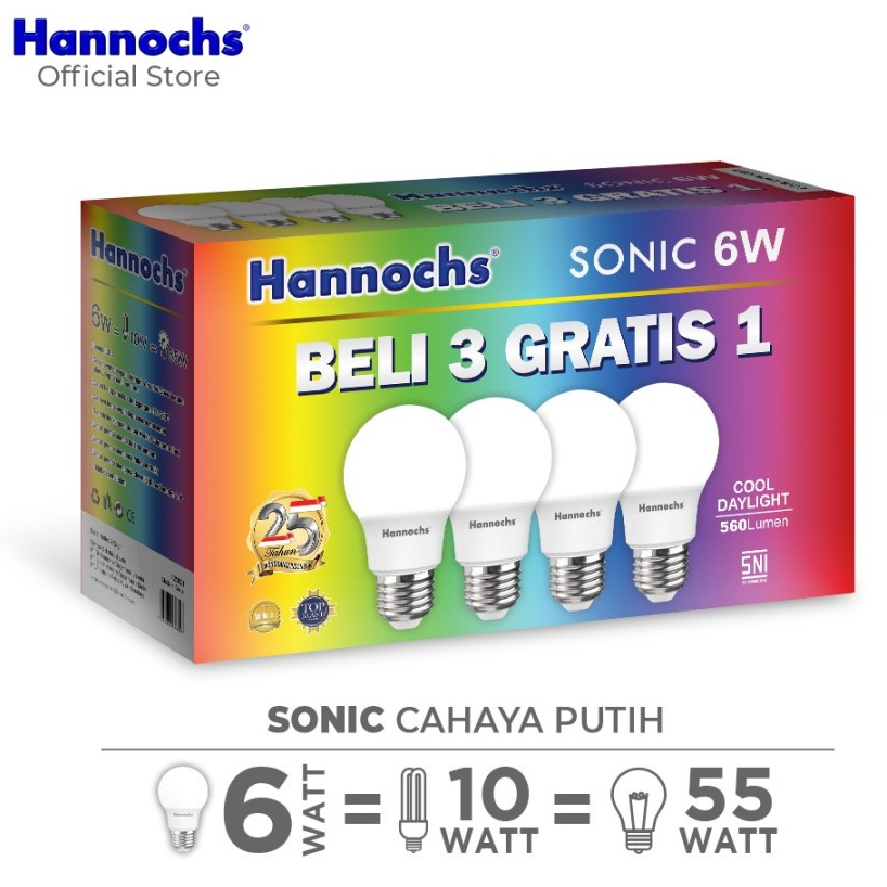 Hannochs Sonic PAKET 3 in 1 Bohlam Lampu LED 3-6-10-13 Watt Cool Daylight Putih BELI 3 BONUS 1