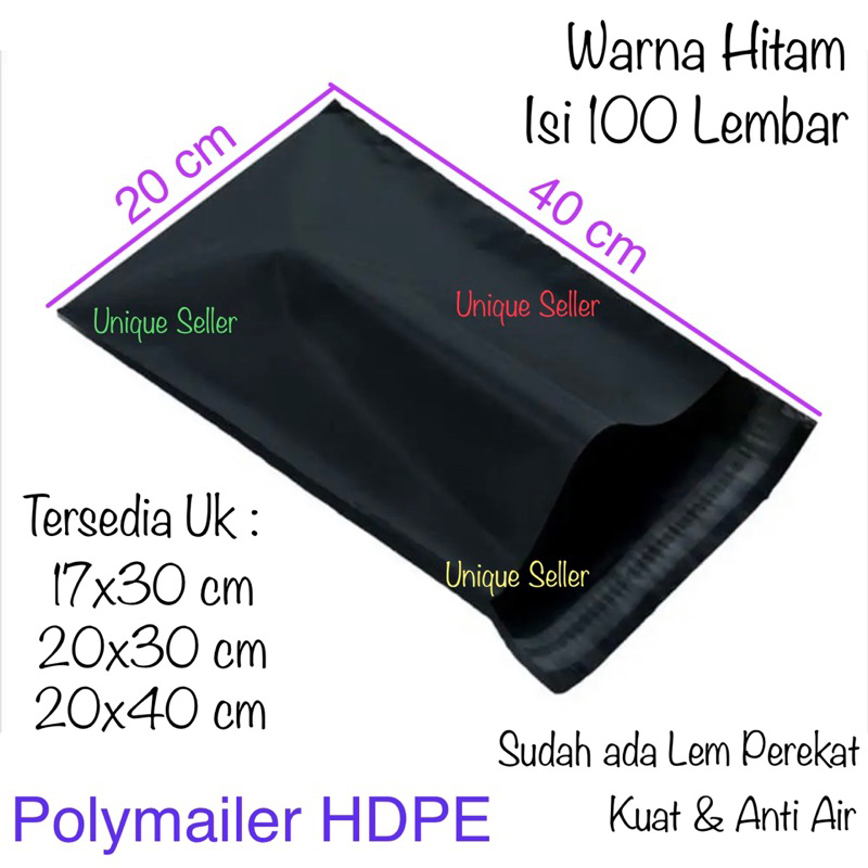 Polymailer Hitam HDPE Glossy Uk 20x40 cm isi 100 Lembar / Plastik Polymailer Hitam 20x40cm / Polimailer Hitam HD Uk 20 / Polymailer PE Hitam 20x40 cm