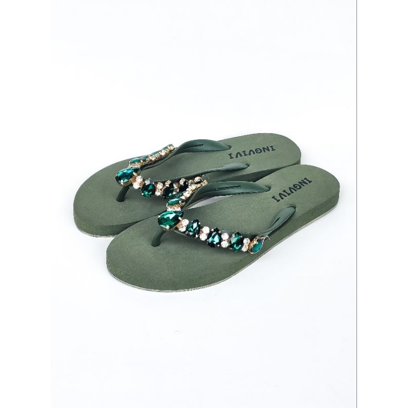 Ingvivi Swarovski Flat Polos Sandal Jepit Wanita Karet Import Manik Berlian Motek - 158-9