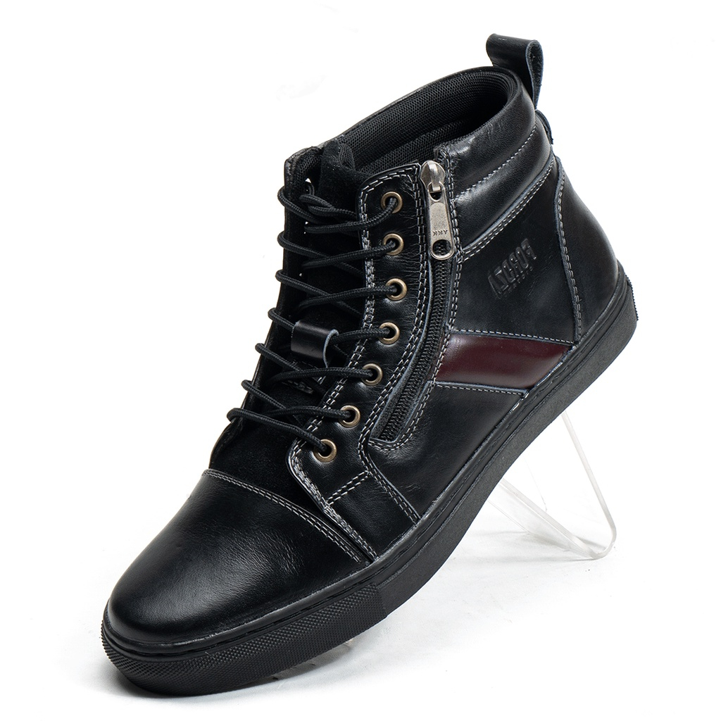 Sepatu Sneakers Pria Zipper Casual Kulit Asli Original High Top 7 Hole Tali Q704