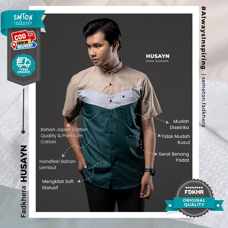 FADKHERA HUSAYN kemeja koko modern baju pria dewasa bahan katun premium warna hijau dan cream