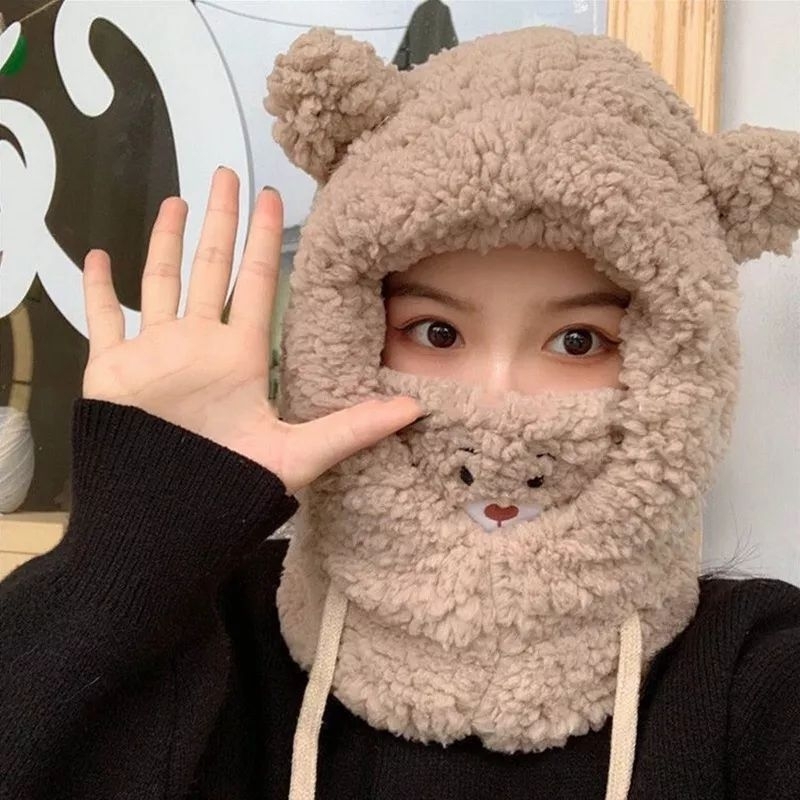 topi kupluk masker bear kawaii 2in1 serut / Topi Kupluk Plush Gaya Korea Aksen Telinga Beruang Untuk Anak Perempuan kepala beruang tali dagu