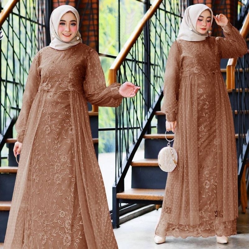 MAXI LIANA DEWASA /GAMIS FULL BRUKAT TILLE MUTIARA /GAMIS UNDANGAN/GAMIS SERAGAMAN