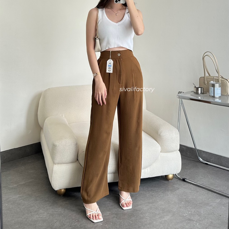 SIVALI Elodie Pants - Celana Kulot Highwaist Crinkle Loose Cullote Pants Petite Friendly Cozy Office Pants - Celana Wanita Kantor Casual 2023