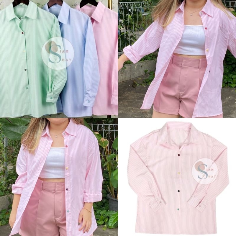 (HEM002) KEMEJA IMPORT BANGKOK OVERSIZE WANITA GARIS-GARIS LENGAN PANJANG PREMIUM / KEMEJA OVERSIZE 