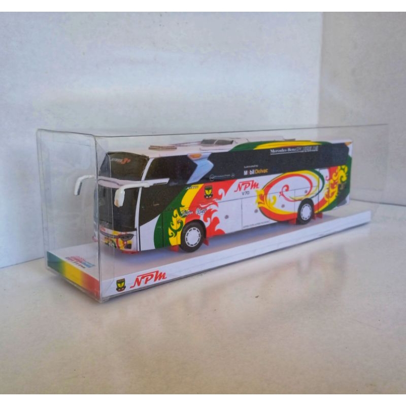 Miniatur bus kertas, Skala 50, panjang 24 cm, pakai kotak plastik mika