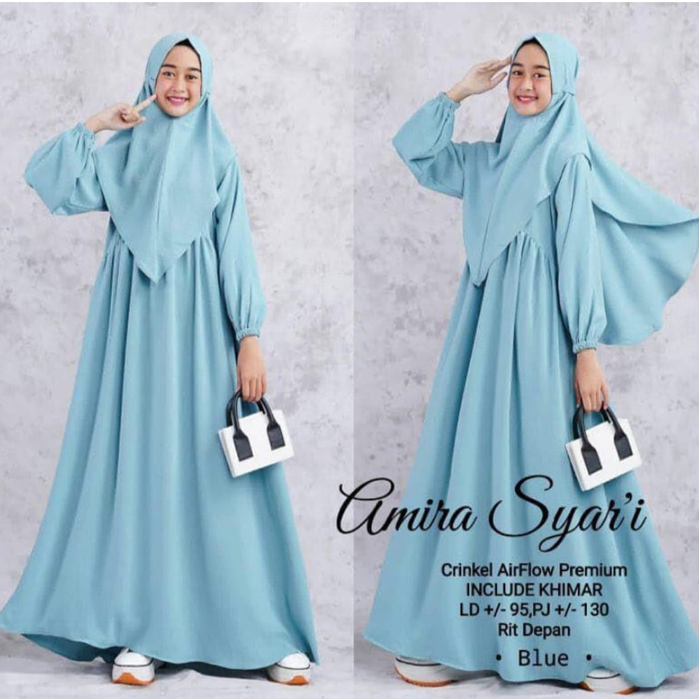 Amira Syari + Jilbab Gamis Remaja Usia 10-18 th, Dress Anak Tanggung Bahan Cringkel Airflow Baju Anak Perempuan Terbaru Pakaian Muslim Cewek Pesantren Outfit Muslimah Kekinian Fashion Terkini Dres Unty