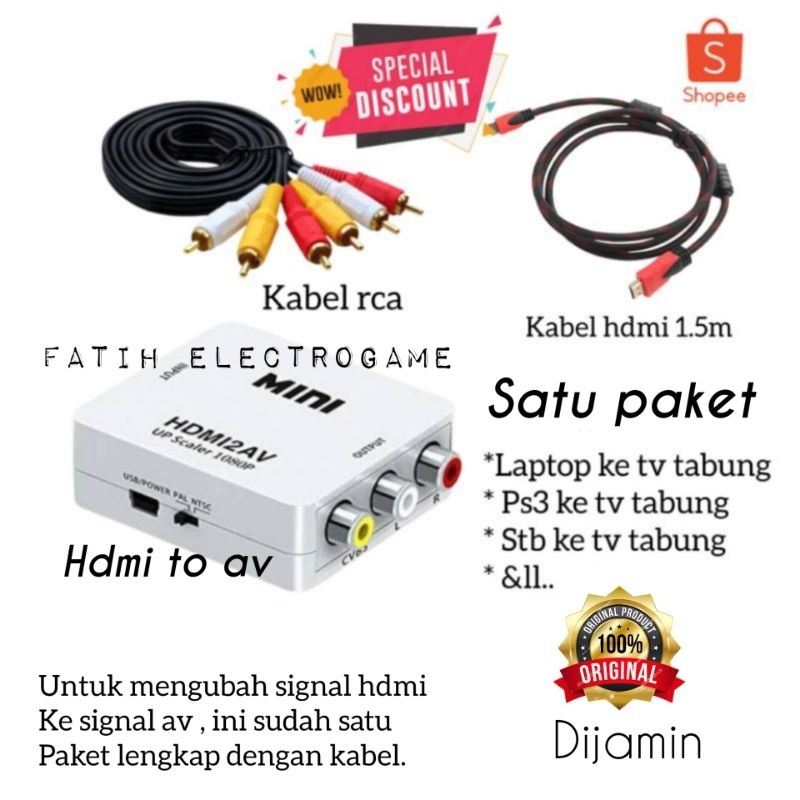 PENGHUBUNG LAPTOP KE TV TABUNG / CONVERTER HDMI TO AV RCA CONVERTER ADAPTER + KABEL HDMI + KABEL RCA 3 IN 3 1.5 METER