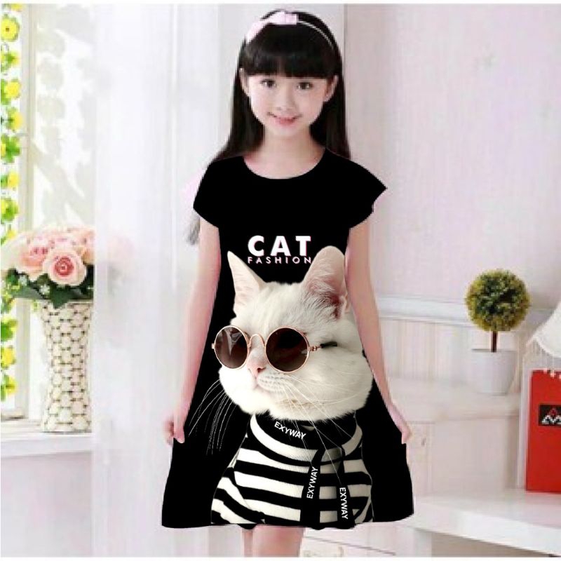 DRESS ANAK PEREMPUAN MOTIF KUCING 3D/ BAJU ANAK PEREMPUAN LUCU