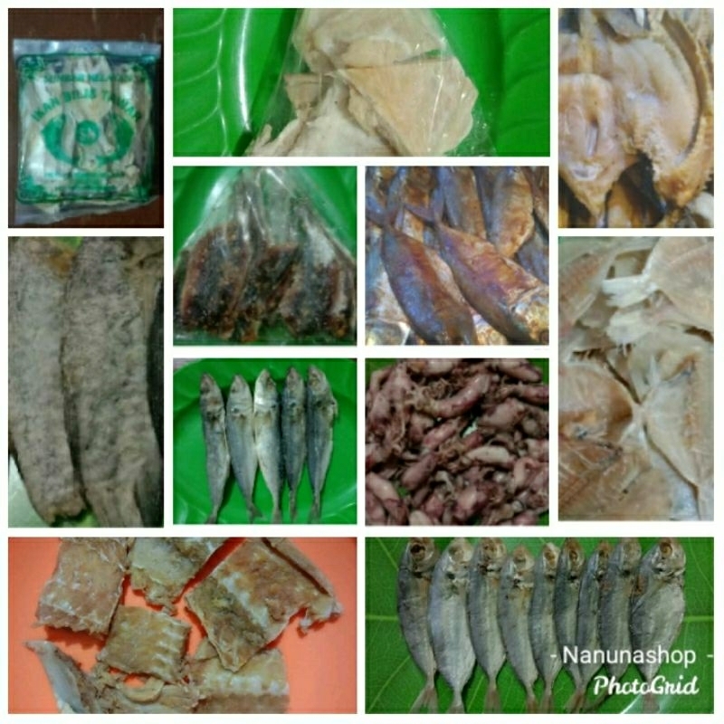 

Aneka ikan asin cumi/peda/jambal/cucut/tawes/selar/dendeng/kapas