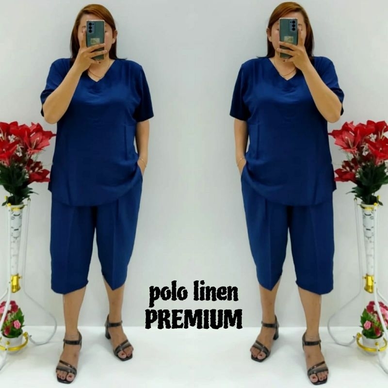 CNC - Stelan Wanita Dewasa Terbaru/Stelan Celana 7/8 V Polo Linen Polos Standar Dan Jumbo