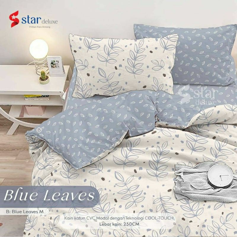 Bedcover + sprei anti geser katun star motif BLUE LEAVES kombinasi bunga putih dan biru