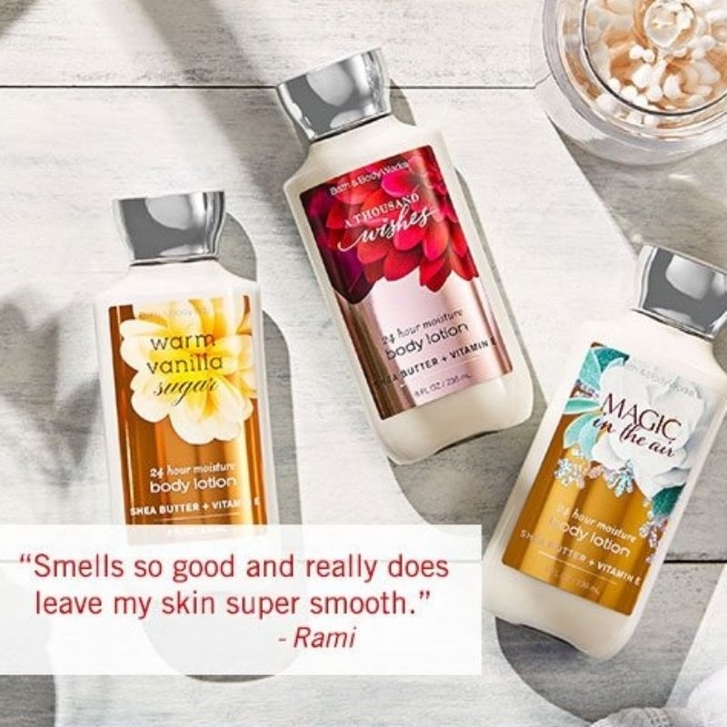 BATH &amp; BODY WORKS BBW FRAGRANCE BODY LOTION 236 ML MIX WARM VANILLA SUGAR MAD ABOUT YOU A THOUSAND WISHES FOR YOU CHAMPAGNE TOAST PERFECT PEONY DARK KISS YOU'RE THE ONE YTO CACTUS BLOSSOM SALTWATER BREEZE FRESH CUT LILACS THE NIGHT ITN PURE WONDER ROSE