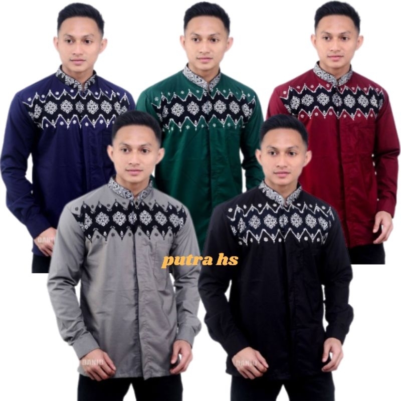 koko kombinasi batik pria lengan panjang putih | busana muslim pria lengan panjang batik